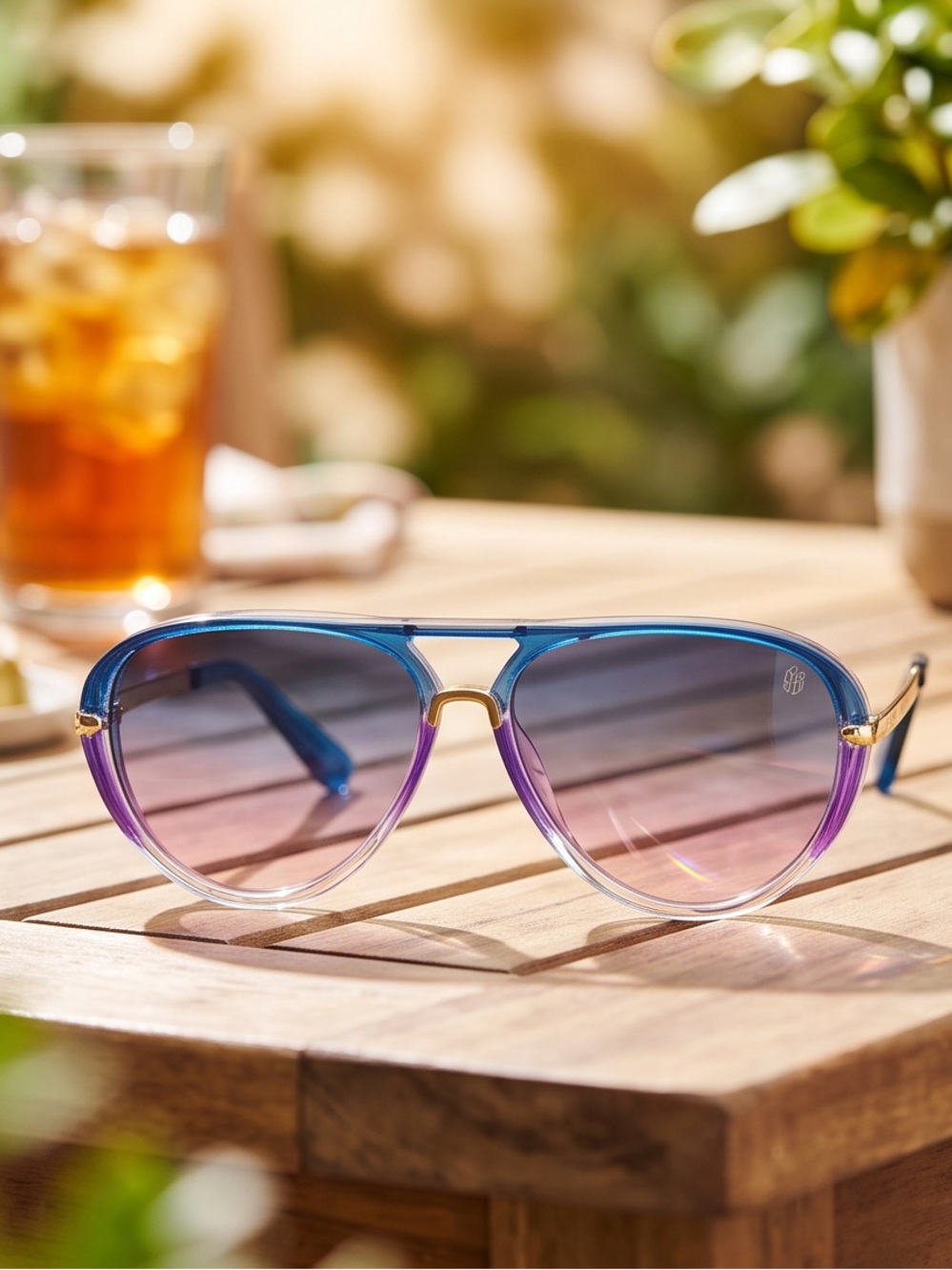 Retro Aviator Sunglasses – Blue & Purple Gradient Ombré with Gold Accent